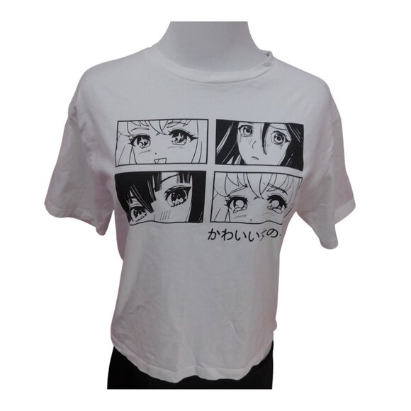 SALE Anime-Inspired White Crop T-Shirt Sz S Manga Eye Panels Japanese Text - Picture 1 of 7